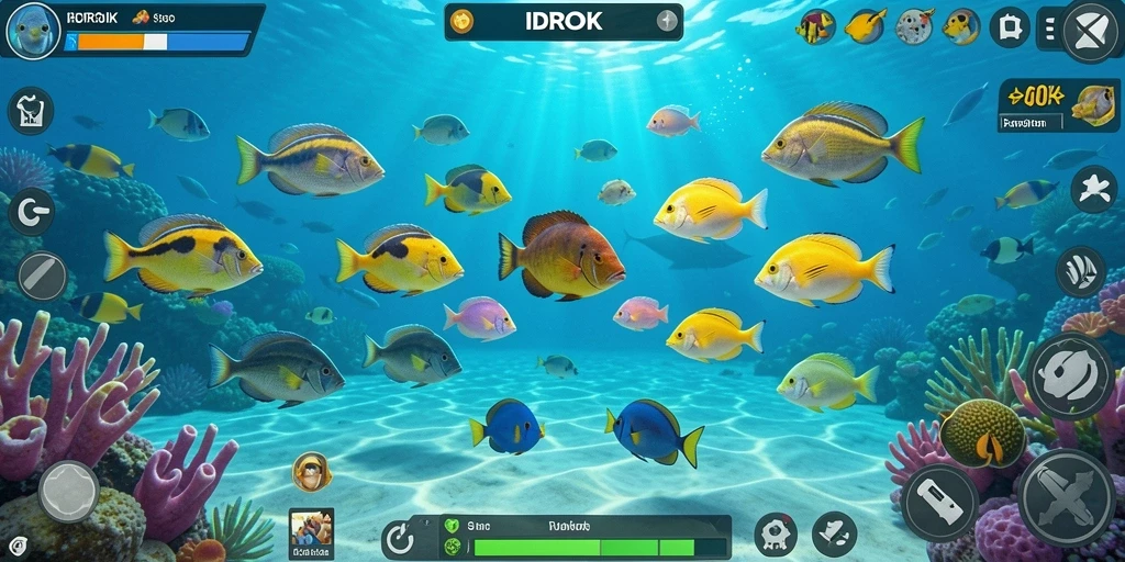 Screenshot utama IDROK menampilkan aksi seru dalam menembak ikan.