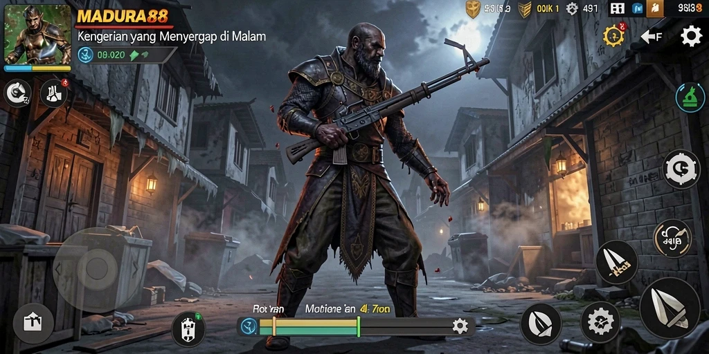 Screenshot gameplay <strong>MADURA88</strong> menunjukkan karakter yang berhadapan dengan makhluk menyeramkan di kegelapan.