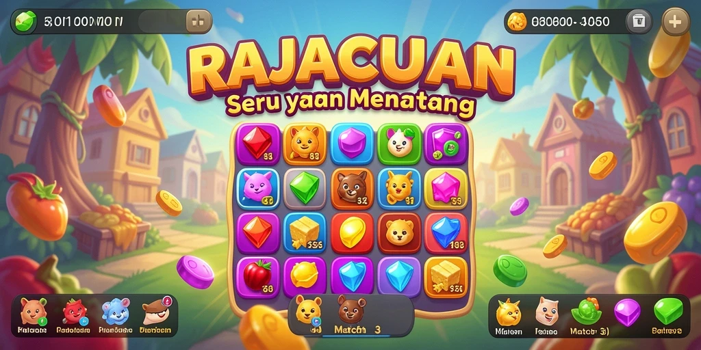 Tangkapan layar utama RAJACUAN menampilkan gameplay Match-3 yang penuh warna.